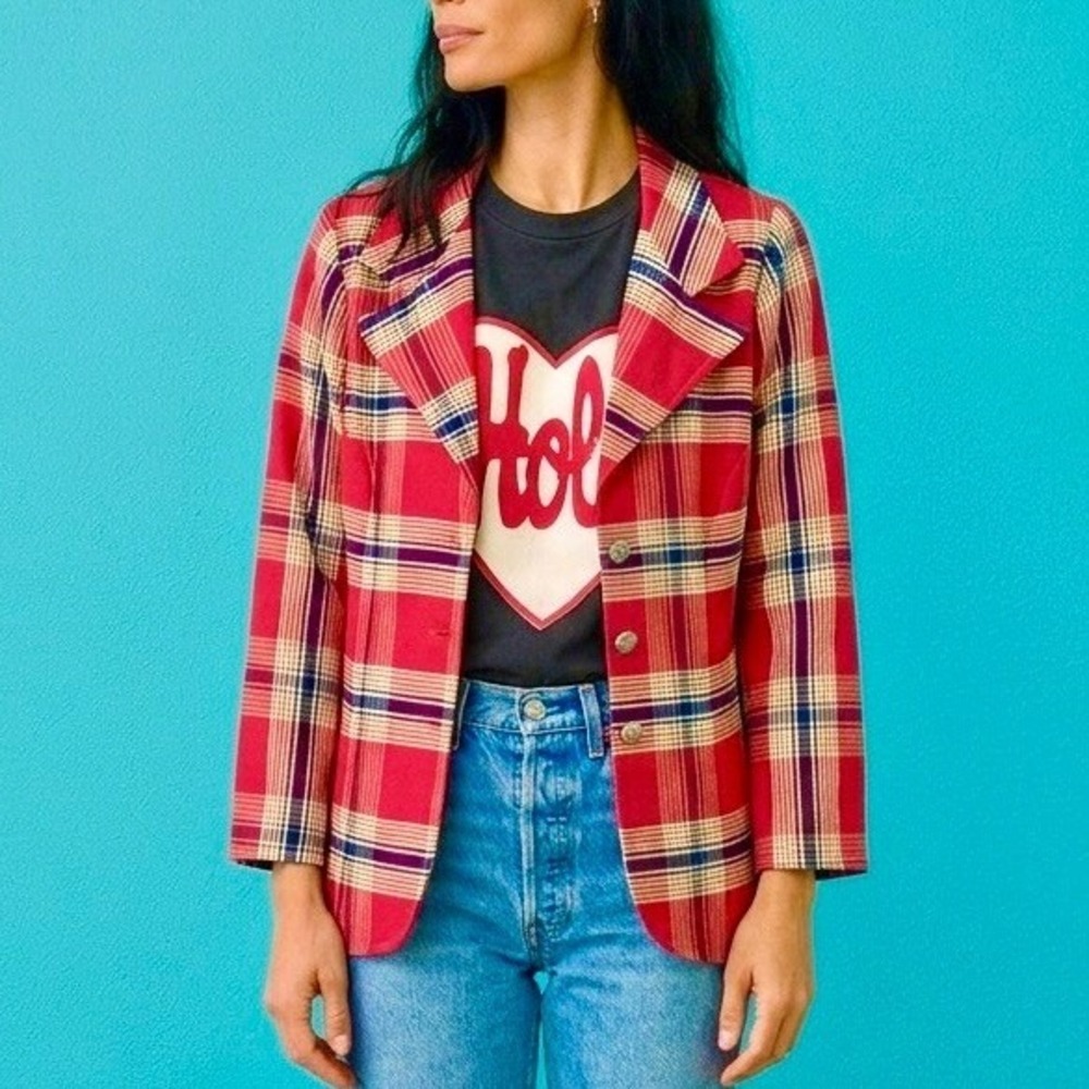 Vintage 70s Red Plaid Blazer Academia Preppy Small Mod Fitted Tartan Jacket‎